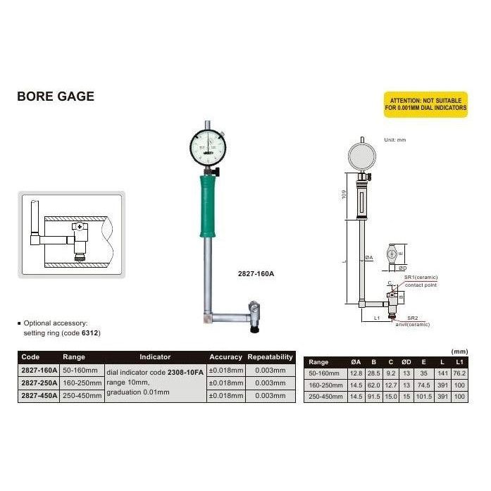 Insize Angle Mechanical Bore Gauge 35-60 mm Range Series 2827-60A