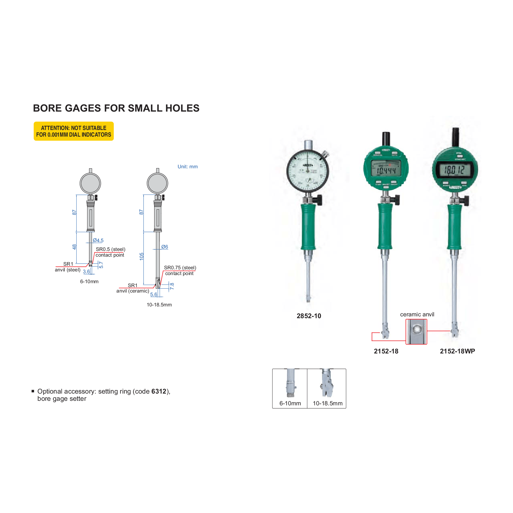 Insize Small Hole Bore Gauge 10-18.5mm Range Series 2852-18