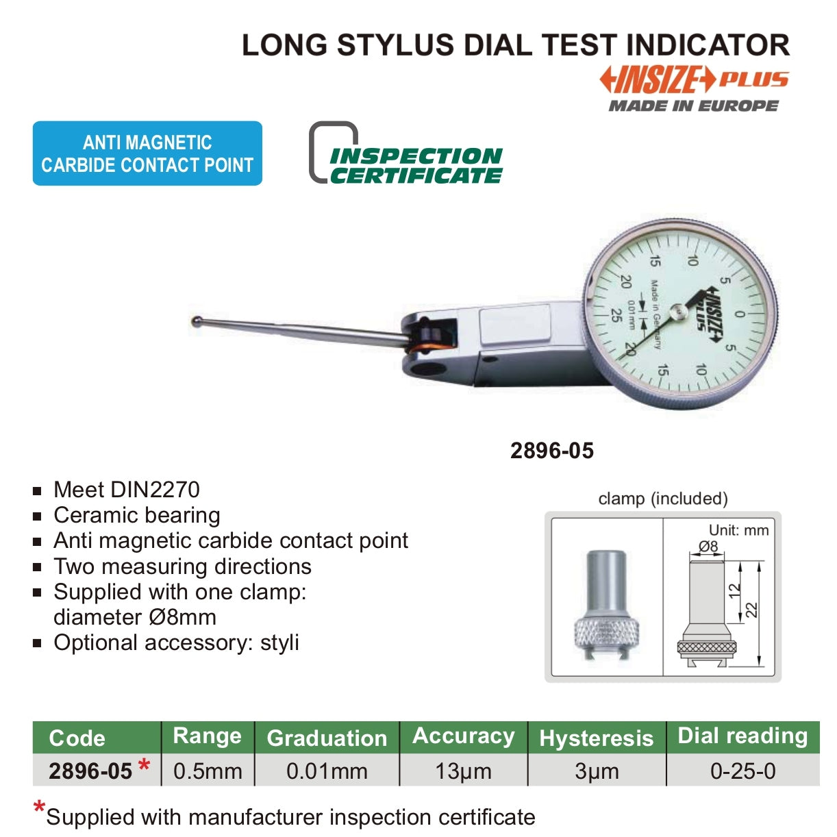 Insize Long Styli Dial Test Indicator 0.5mm Range Series 2896-05