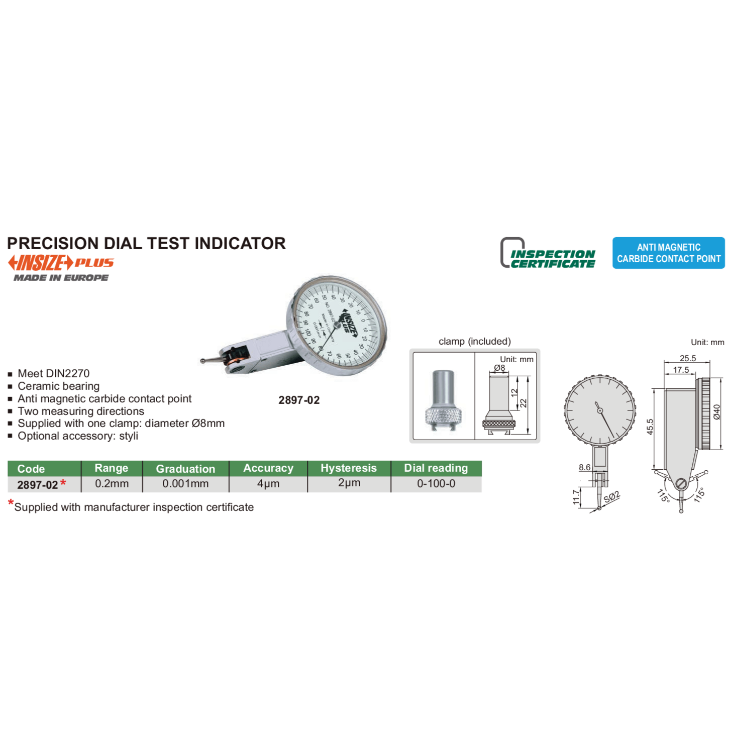 Insize Precision Dial Indicator 0.2mm Range Series 2897-02