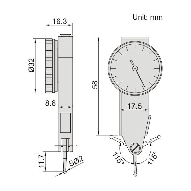 Insize Side Type Dial Test Indicator 0.8mm Range Series 2898-08