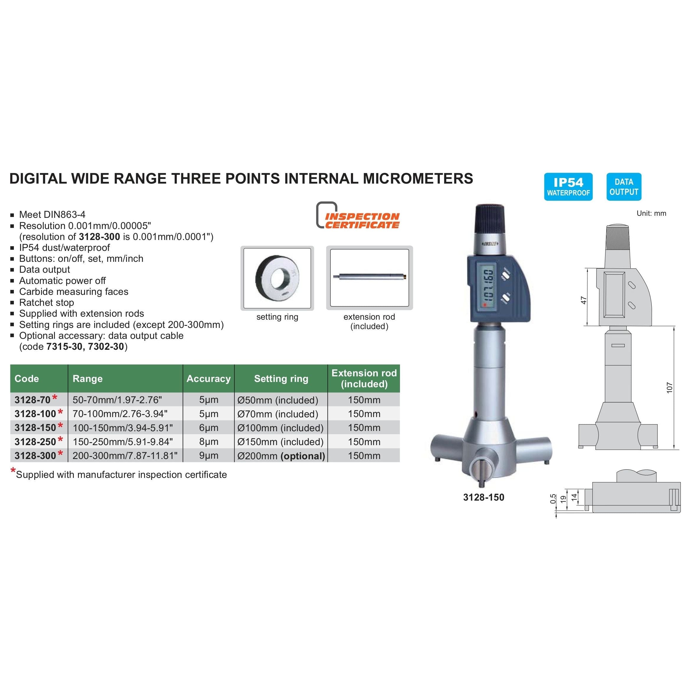 Insize Digital Three Points Micrometer Set 50-70mm/ 1.97-2.76" Range Series 3128-70