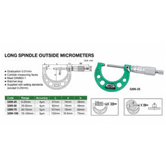 Insize Long Spindle Outside Micrometer 0-25mm Range Series 3209-25