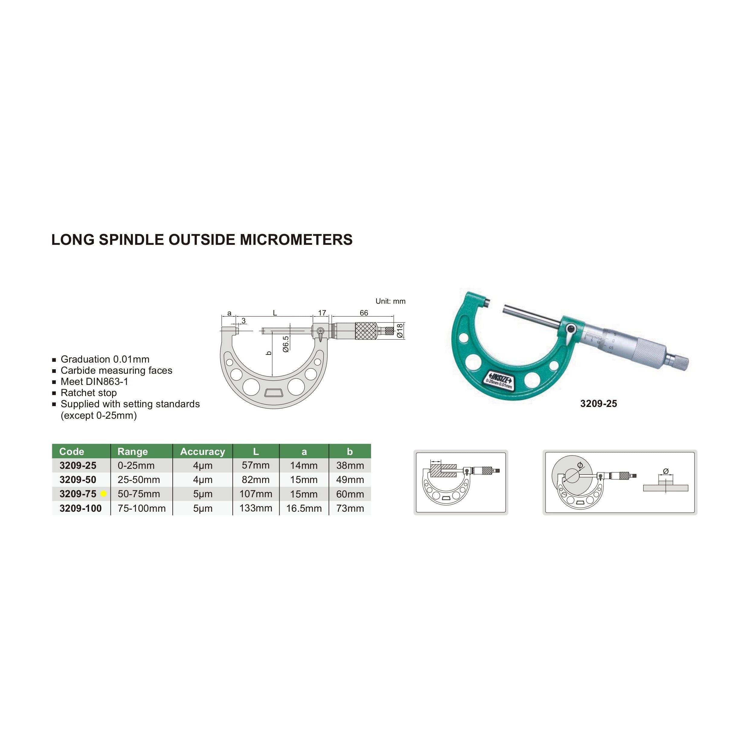 Insize Long Spindle Outside Micrometer 50-75mm Range Series 3209-75