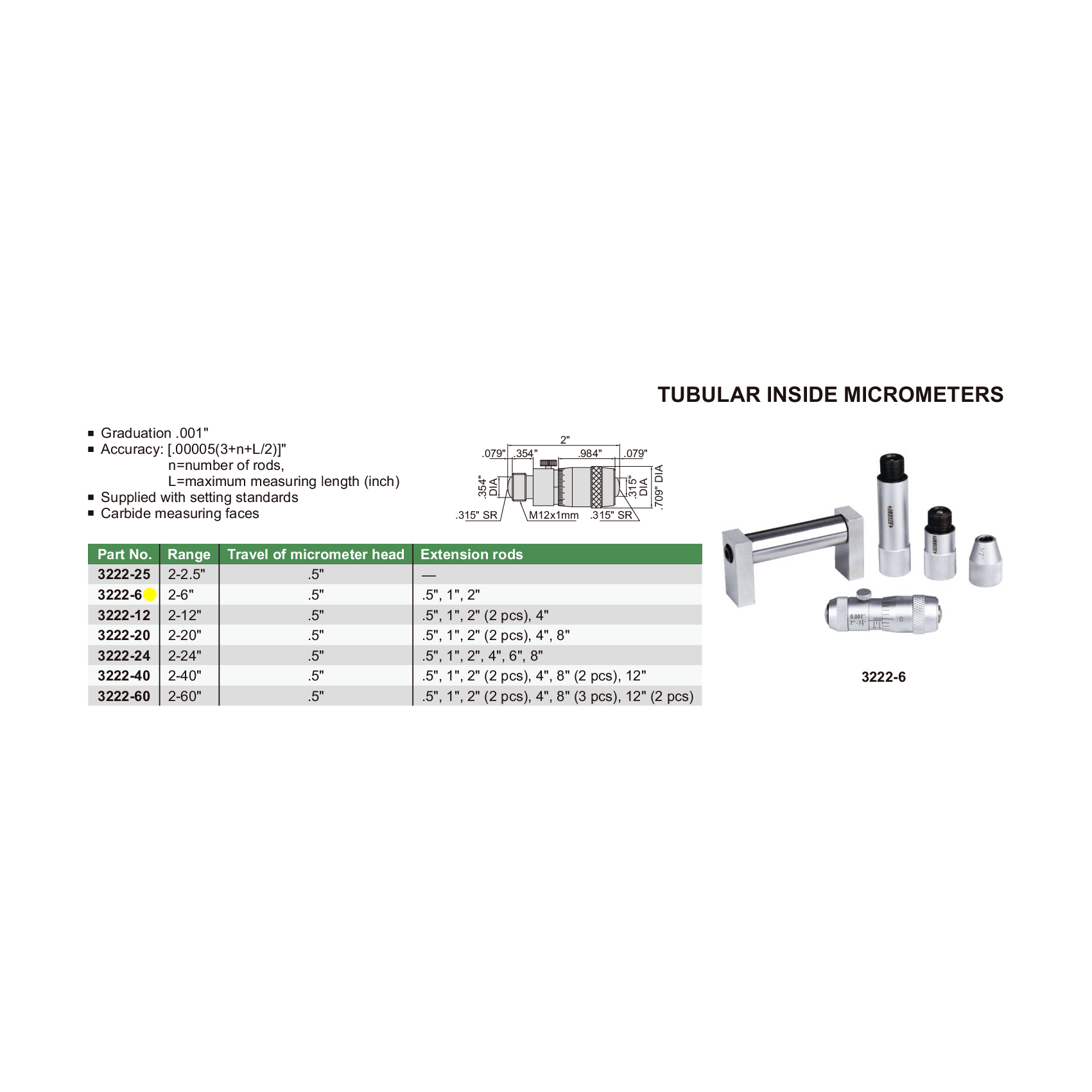 Insize Tubular Inside Micrometer 2-6" Range Series 3222-6