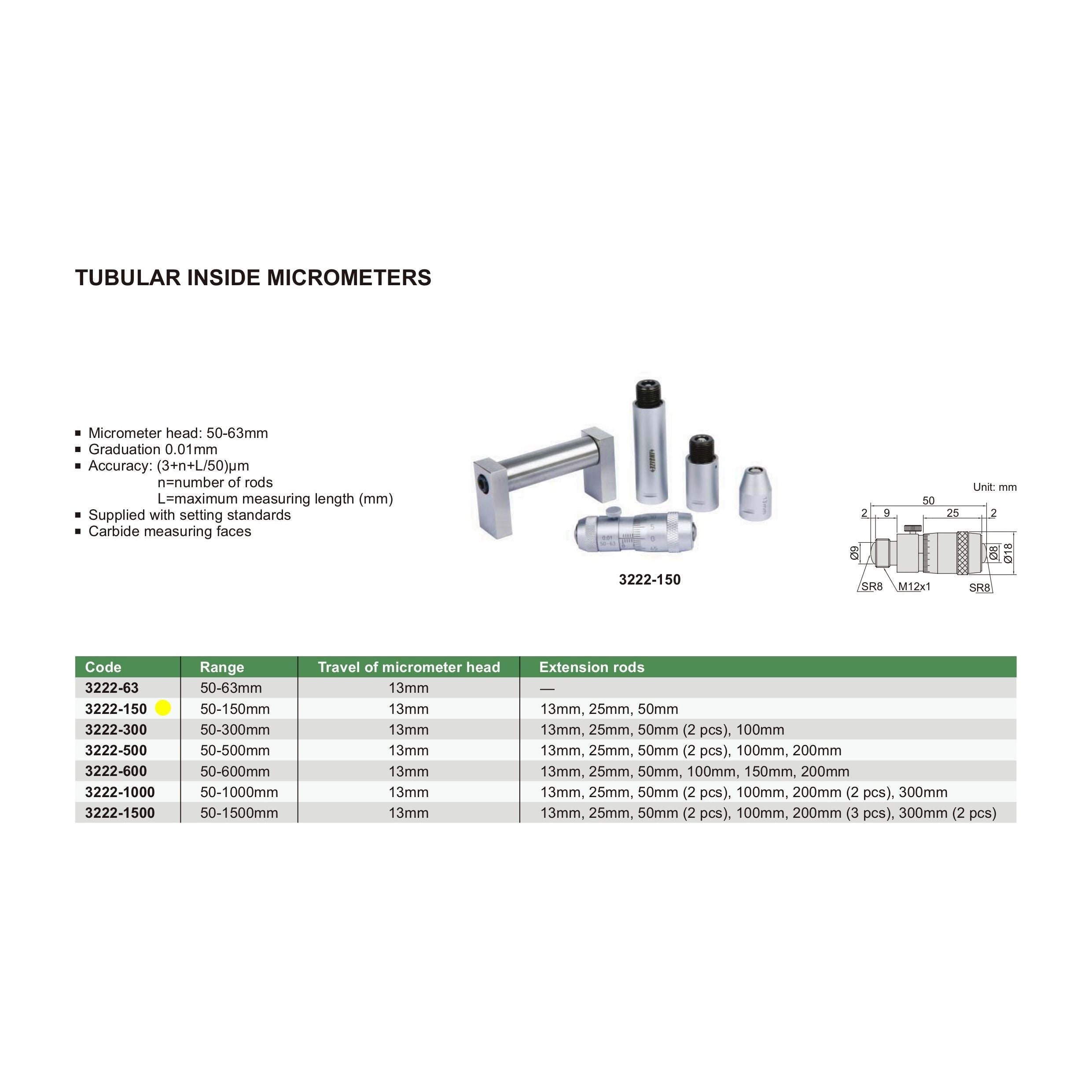 Insize Tubular Inside Micrometer 50-150mm Range Series 3222-150