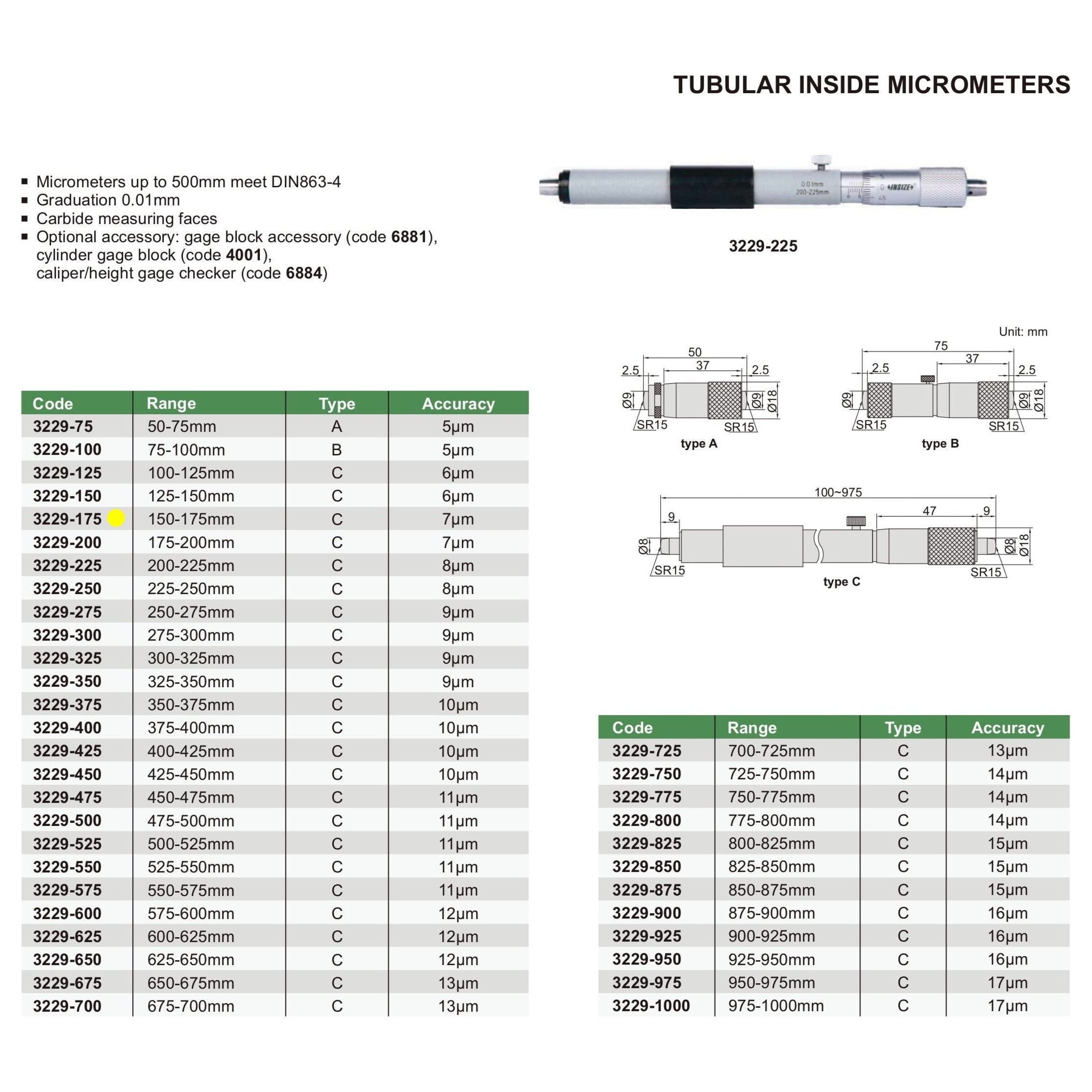 Insize Tubular Inside Micrometer 150-175mm Range Series 3229-175