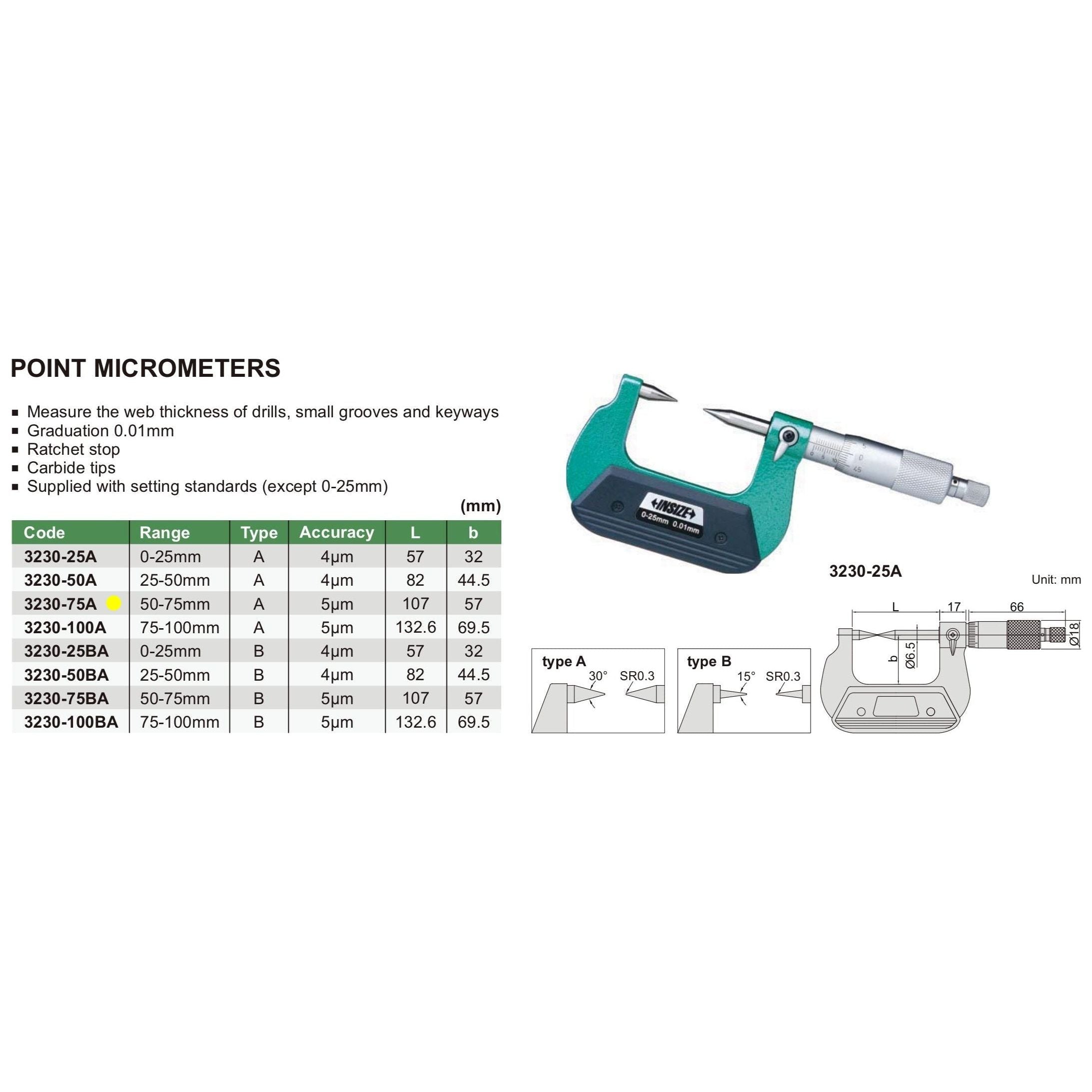 Insize Point Micrometer 50-75mm Range Series 3230-75A