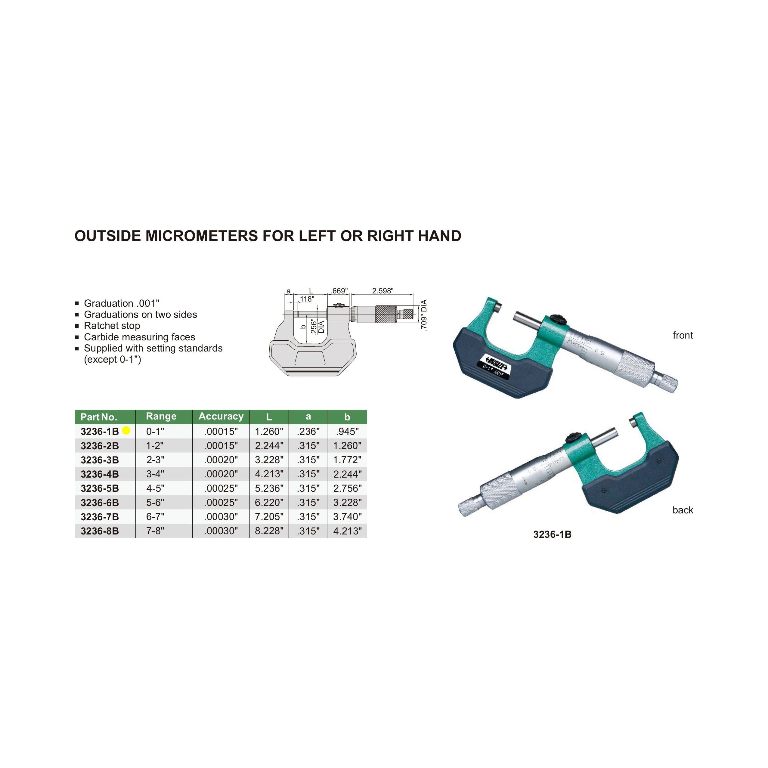 Insize Left Hand/Right Hand Outside Micrometer 0-1" Range Series 3236-1B