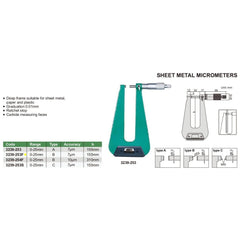 Insize Sheet Metal Micrometer 0-25mm Range Series 3239-253F