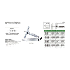 Insize 2pc Metric Depth Micrometer 0-50mm Range Series 3241-50