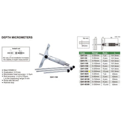 Insize 12pcs Metric Depth Micrometer 0-300mm Range Series 3241-300