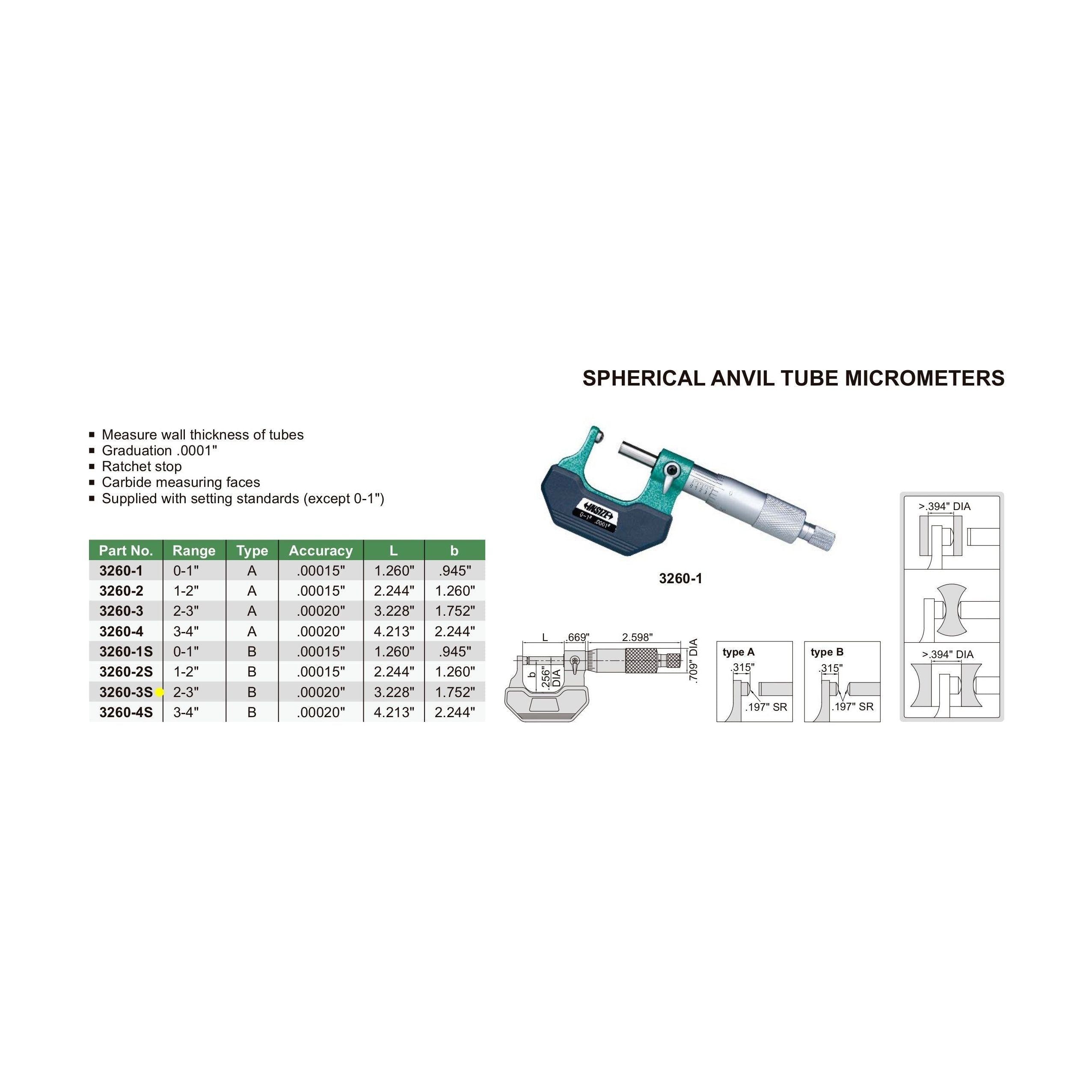 Insize Spherical Anvil Tube Micrometer 2-3" Range Series 3260-3S