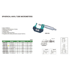 Insize Spherical Anvil Tube Micrometer 50-75mm Range Series 3260-75A