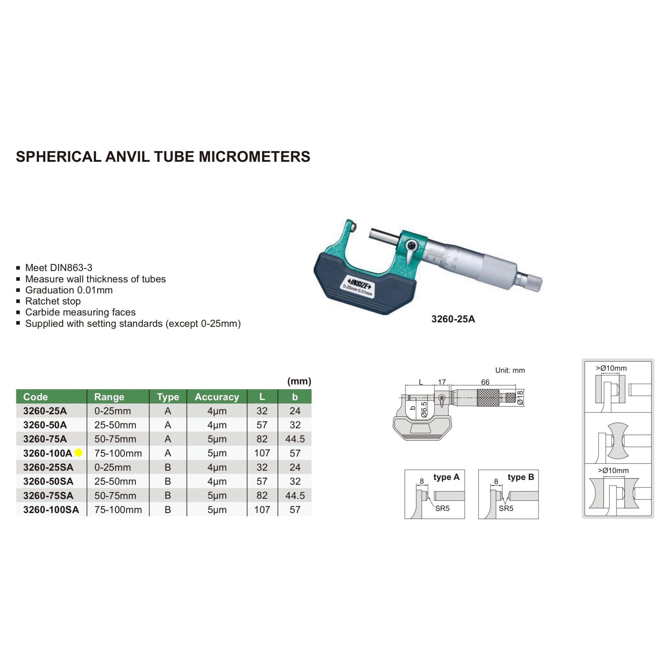 Insize Spherical Anvil Tube Micrometer 75-100mm Range Series 3260-100A