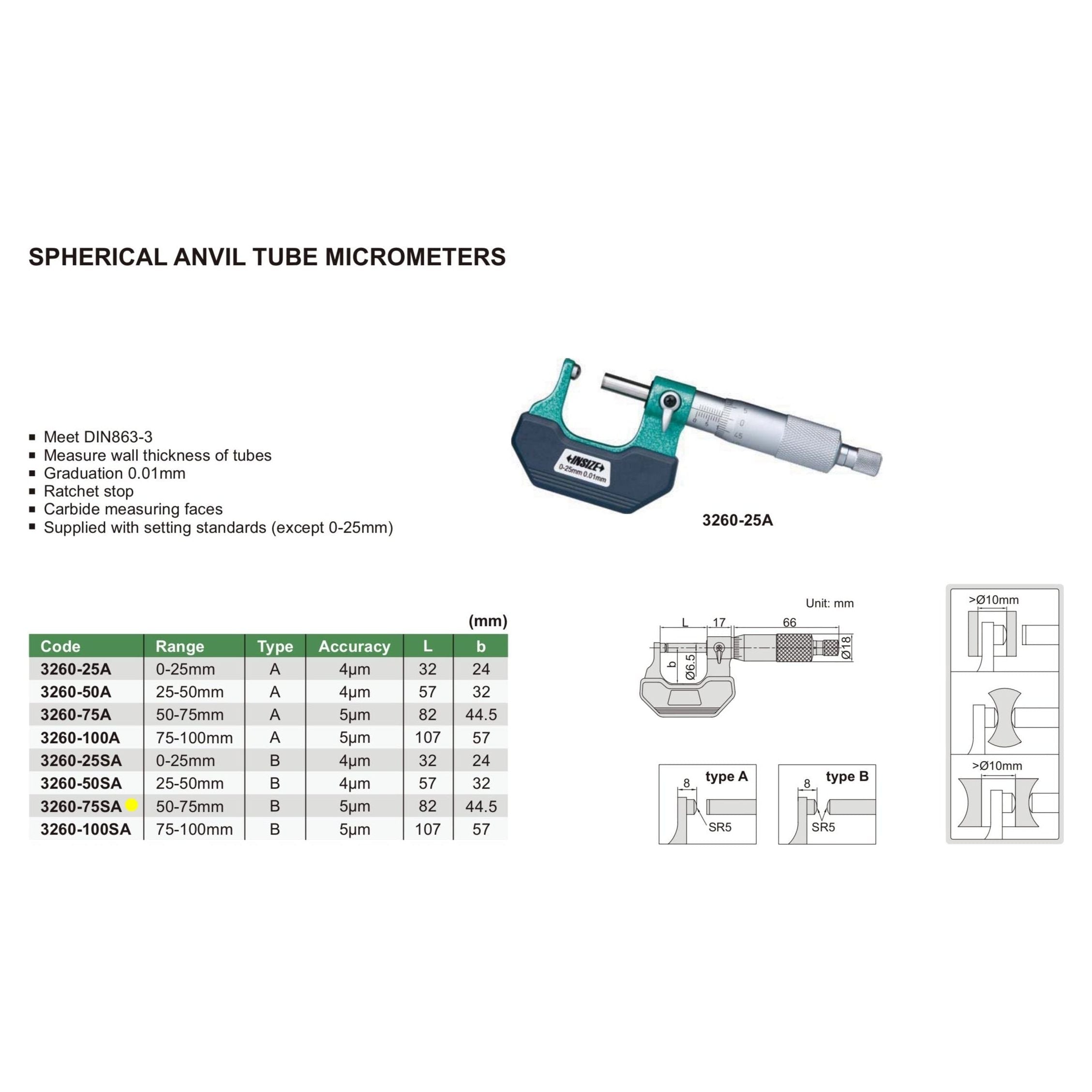 Insize Spherical Anvil Tube Micrometer 50-75mm Range Series 3260-75SA