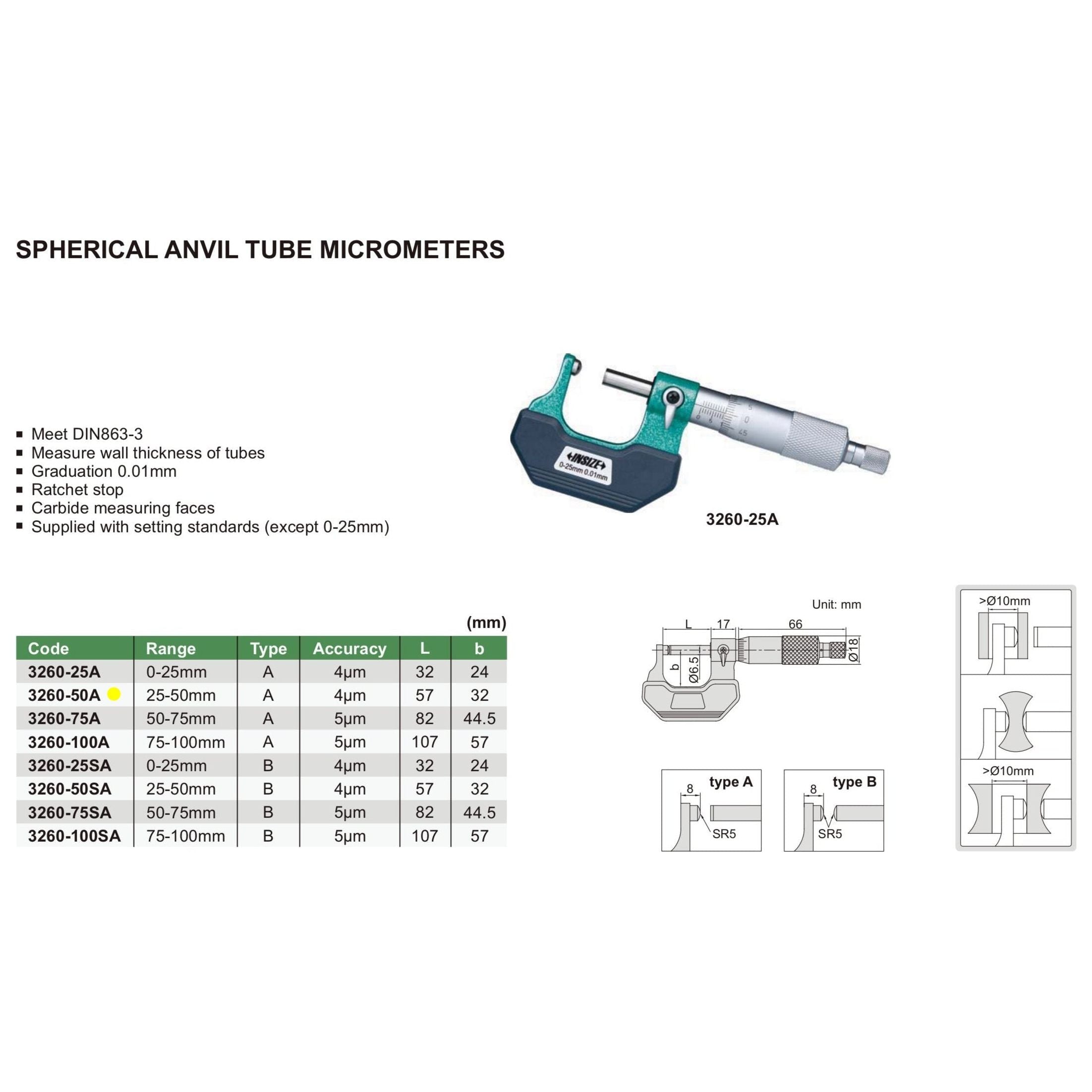 Insize Spherical Anvil Tube Micrometer 25-50mm Range Series 3260-50A