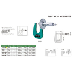 Insize Sheet Metal Micrometer 0-0.6" Range Series 3263-06