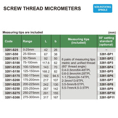 Insize Metric Screw Thread Micrometer Set – 0-25mm Range, 6 Tip Pairs, 60° Threads