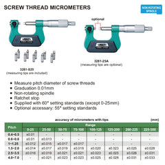 Insize Metric Screw Thread Micrometer Set – 0-25mm Range, 6 Tip Pairs, 60° Threads