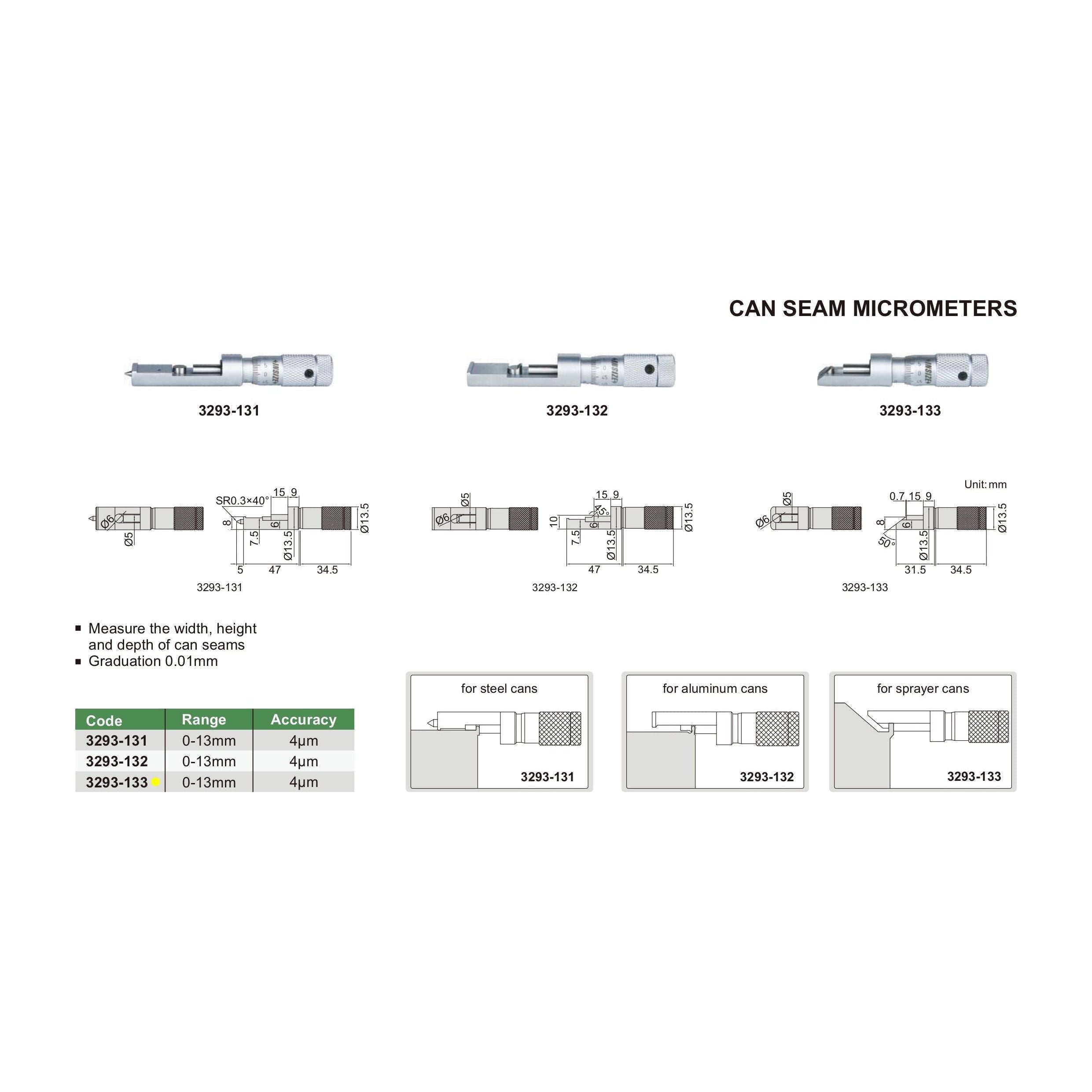 Insize Can Seam Micrometer 0-13mm Range Series 3293-133