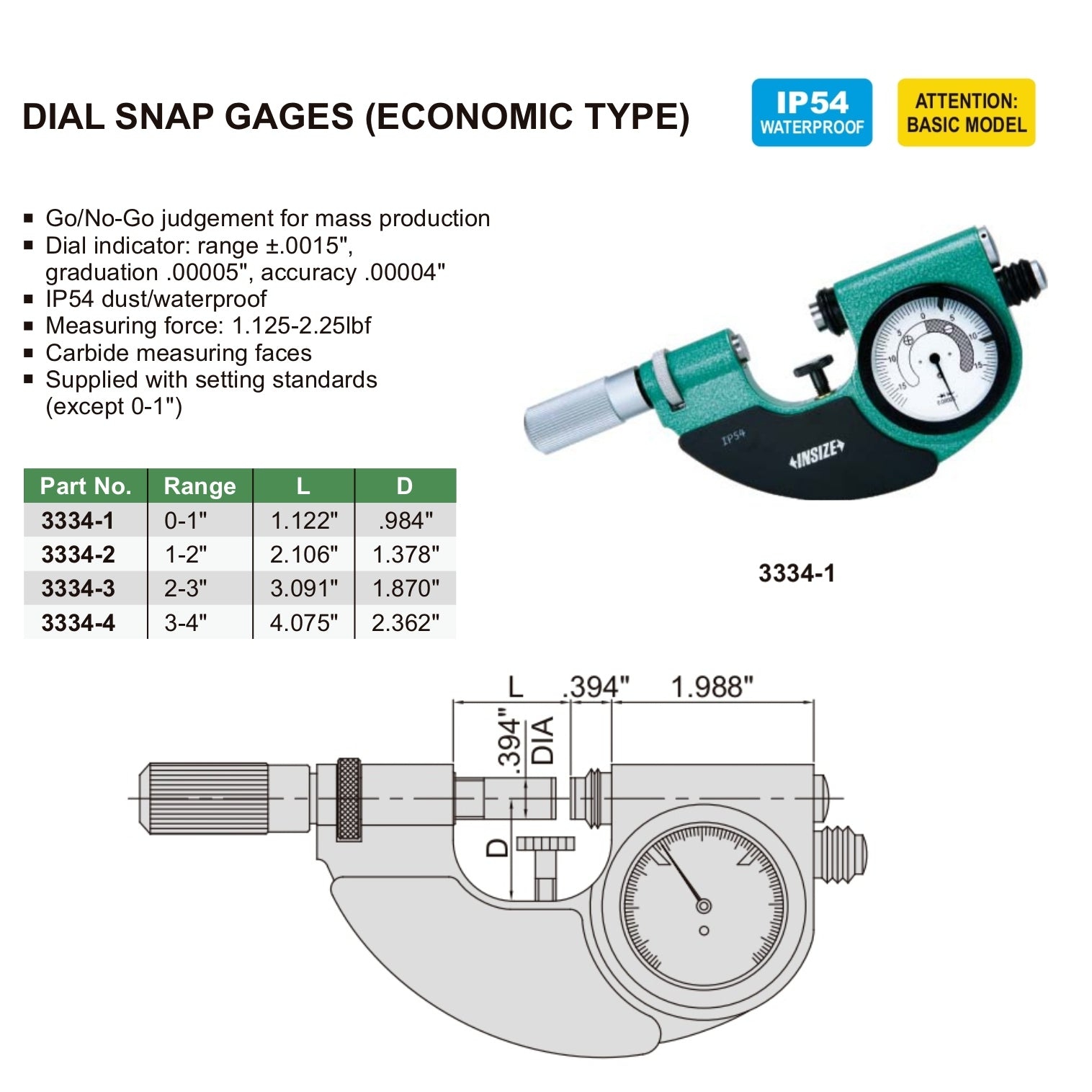 Insize Dial Snap Gauge 1-2" Range Series 3334-2