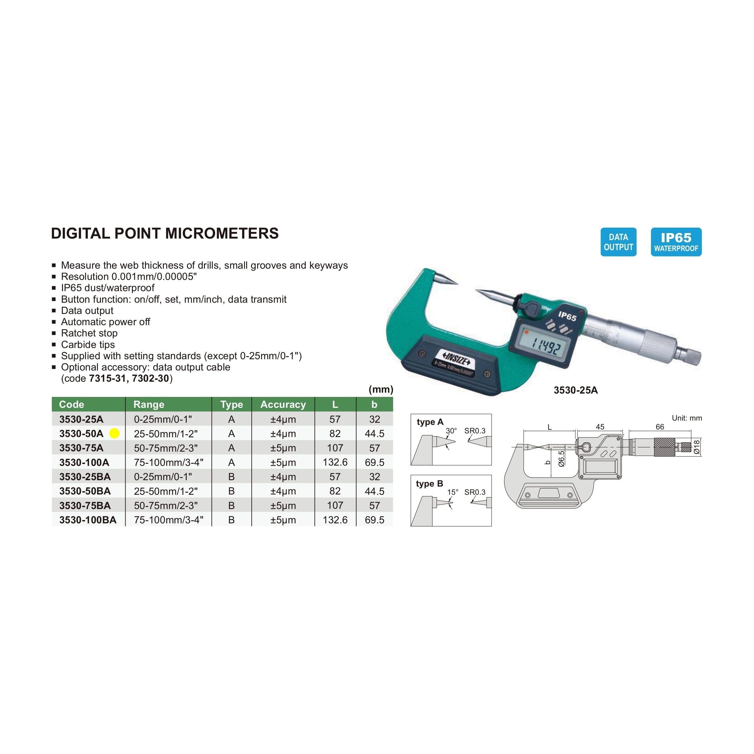 Insize Digital Point Micrometer 25-50mm/1-2" Range Series 3530-50A