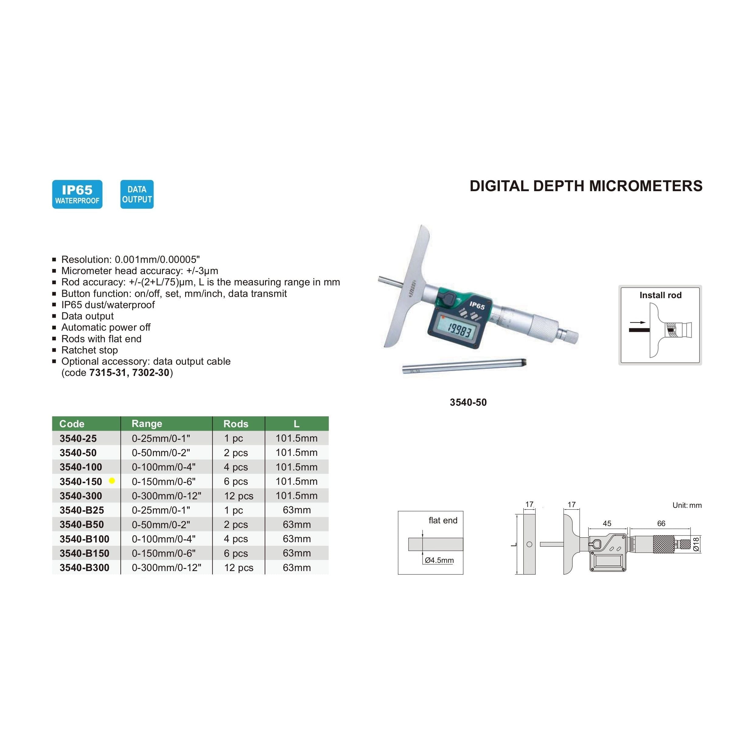 Insize Digital Depth Micrometer 0-150mm/0-6" Range Series 3540-150