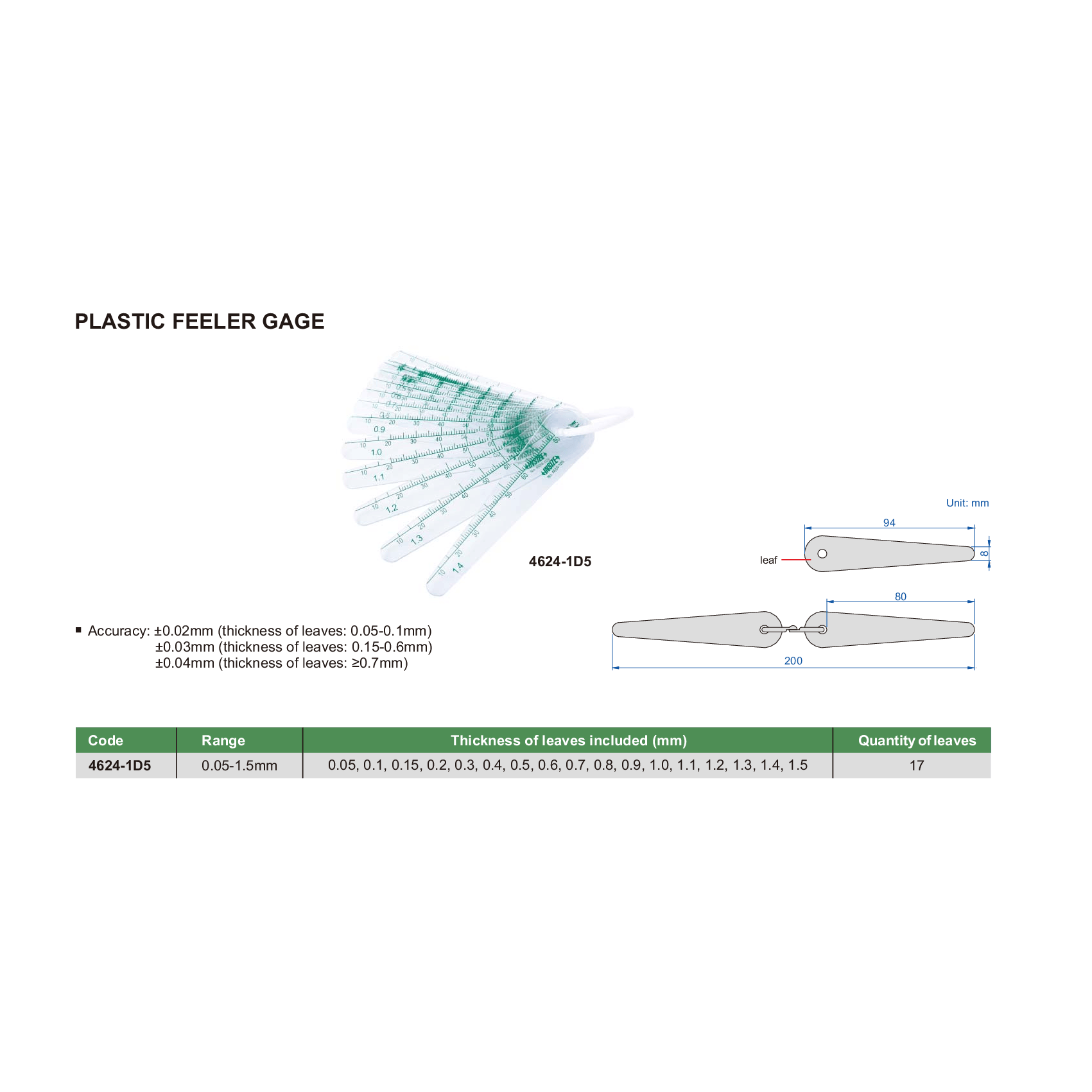 Insize Plastic Feeler Gage 0.05-1.5 mm Series 4624-1D5
