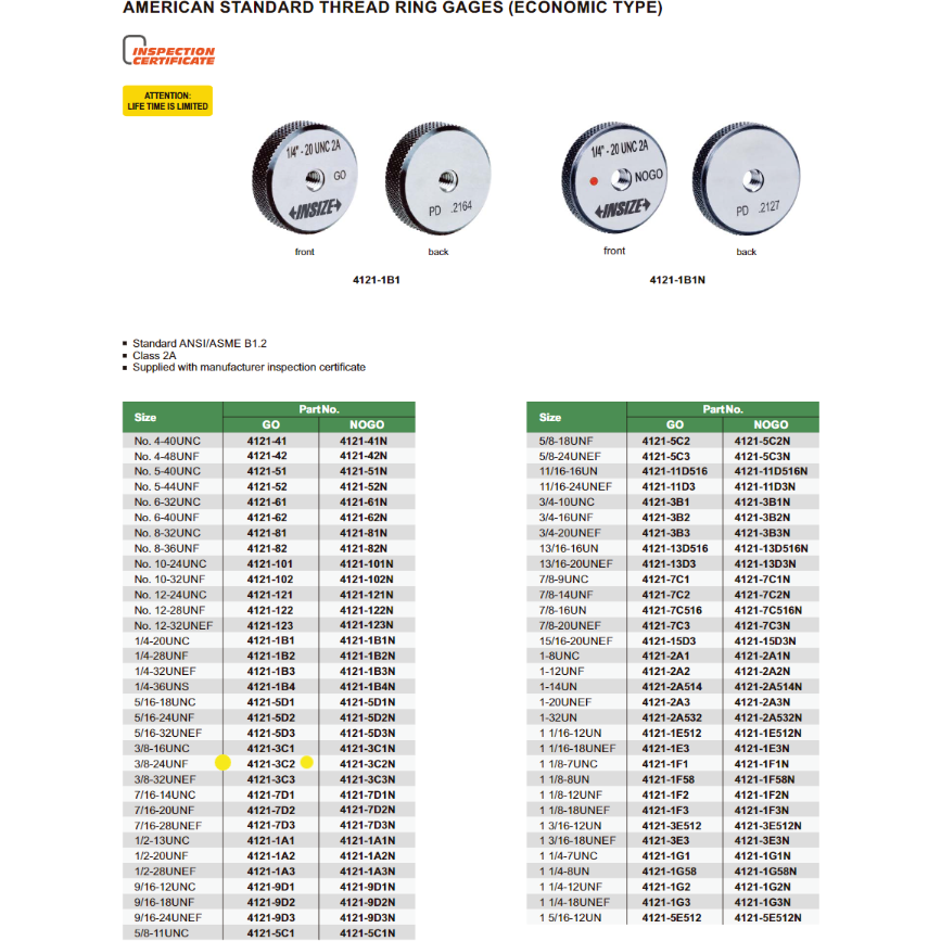 Insize Thread GO Ring Gauge 3/8"-24 UNF Series 4121-3C2 