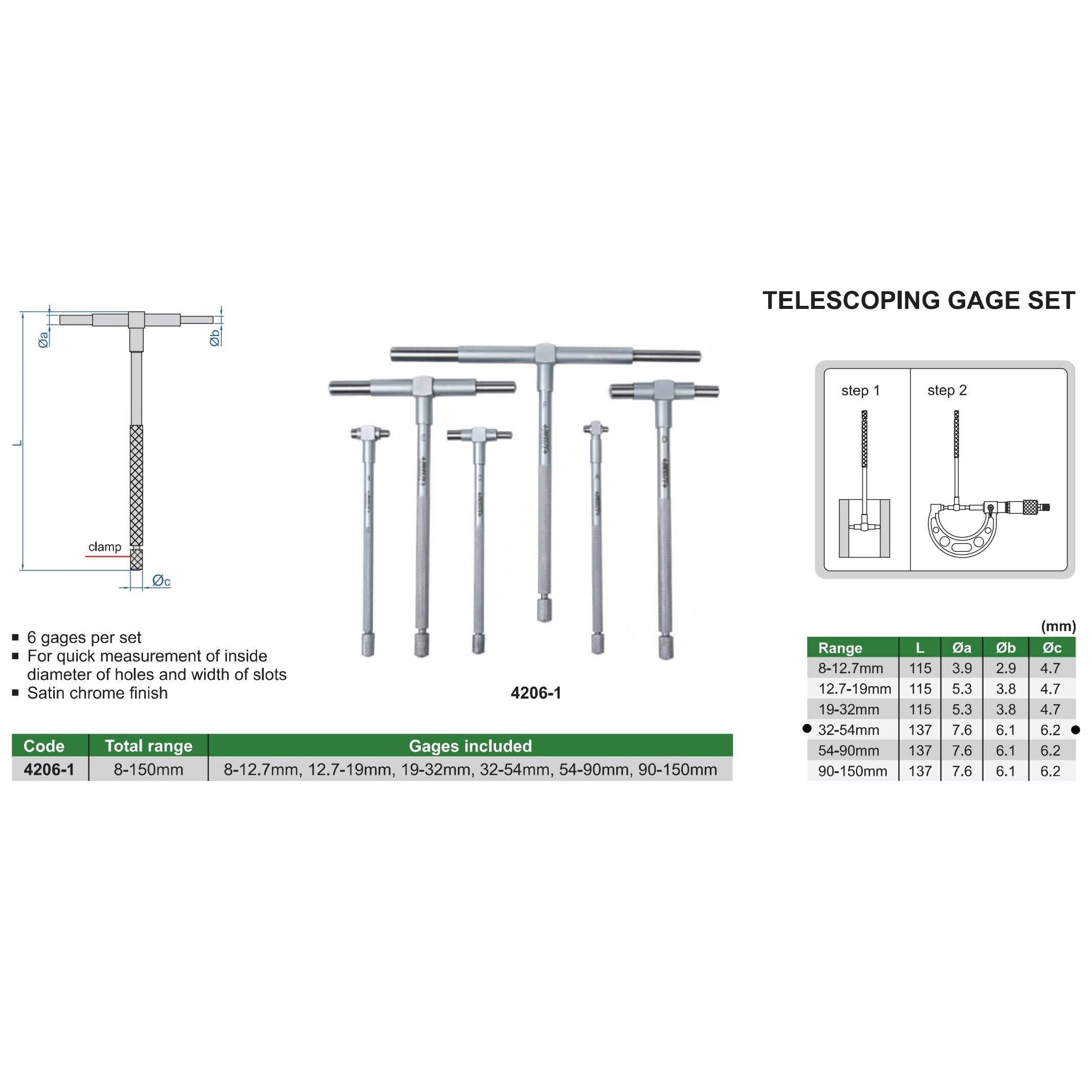 Insize Telescopic Gauge 32-54mm Range Series 4206-D