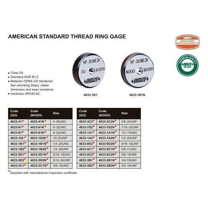 Insize GO Thread Ring Gauge 5/16"-24 UNF Series - 4633-5D2