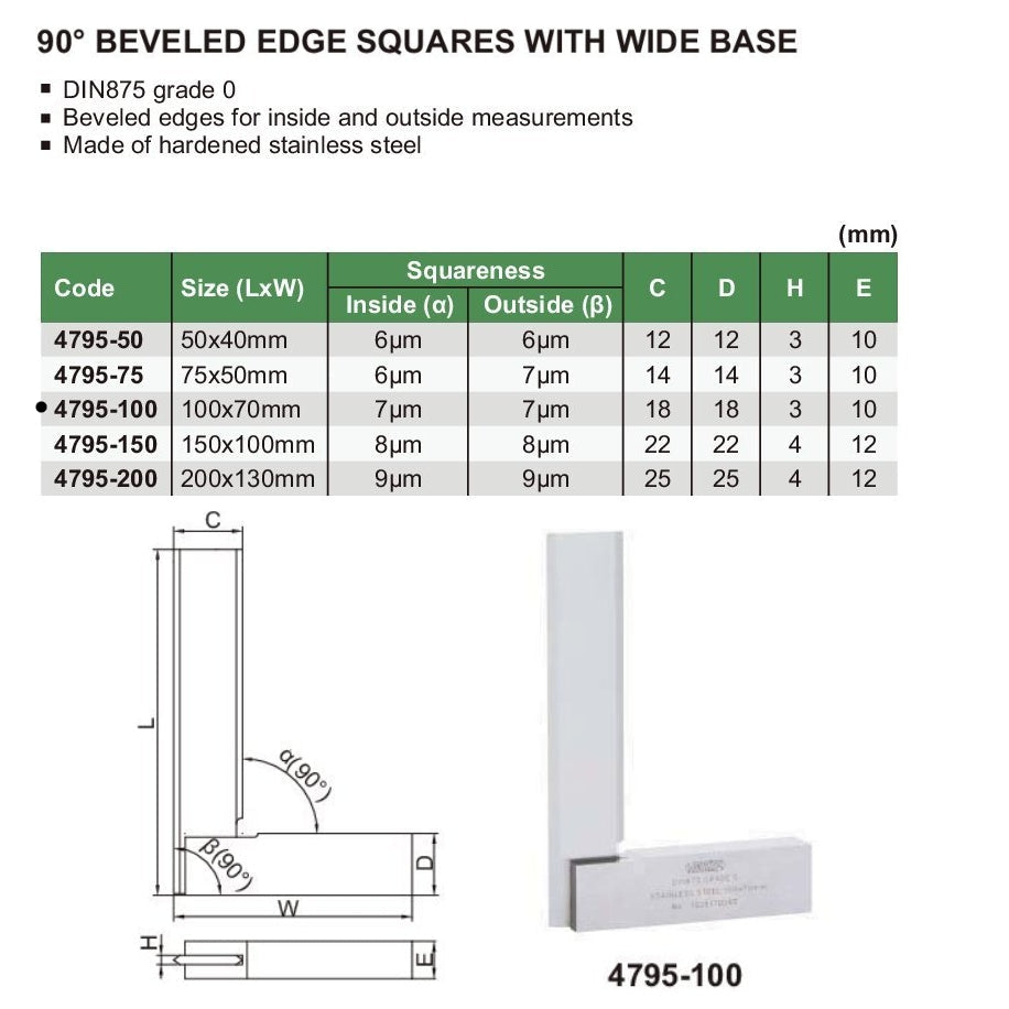 Insize 90° Bevelled Edge Square 100x70mm Range Series 4795-100