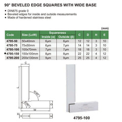 Insize 90° Bevelled Edge Square 150x100mm Range Series 4795-150