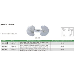 Insize Radius Gauge Set 1/32 - 1/4" Range Series 4801-15E