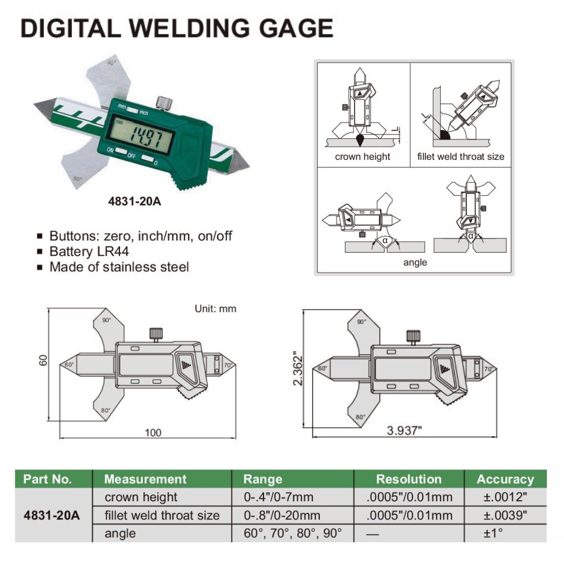 Insize Digital Welding Gauge 4831-20A
