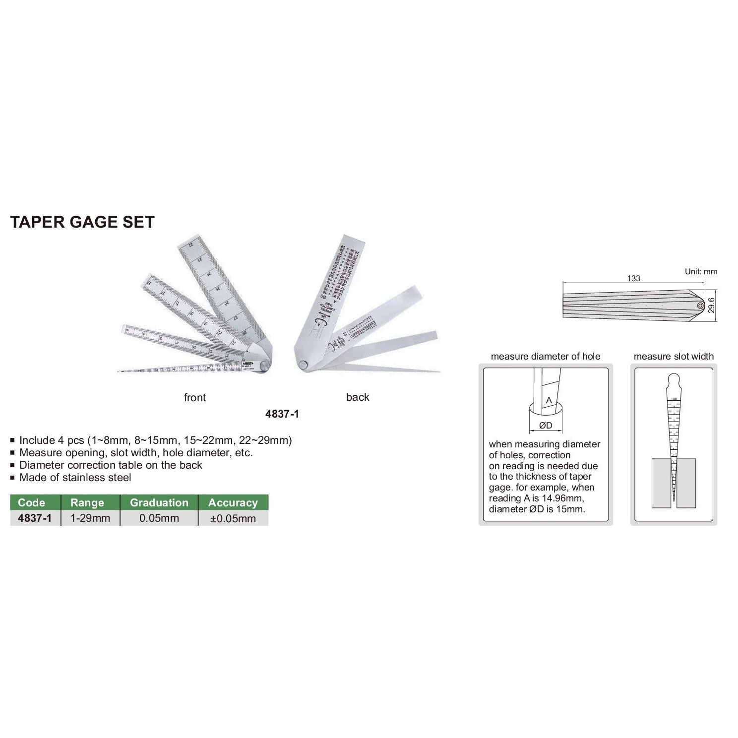 Insize Taper Gauge Set 1-29mm Range Series 4837-1
