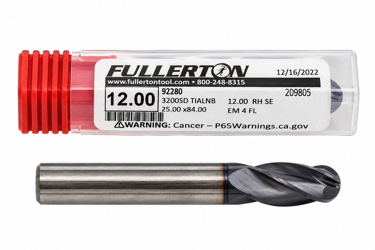 Fullerton 12.0mm 4 Flute TiAlN Coated Carbide Ball Nose Endmill - 3200 Series