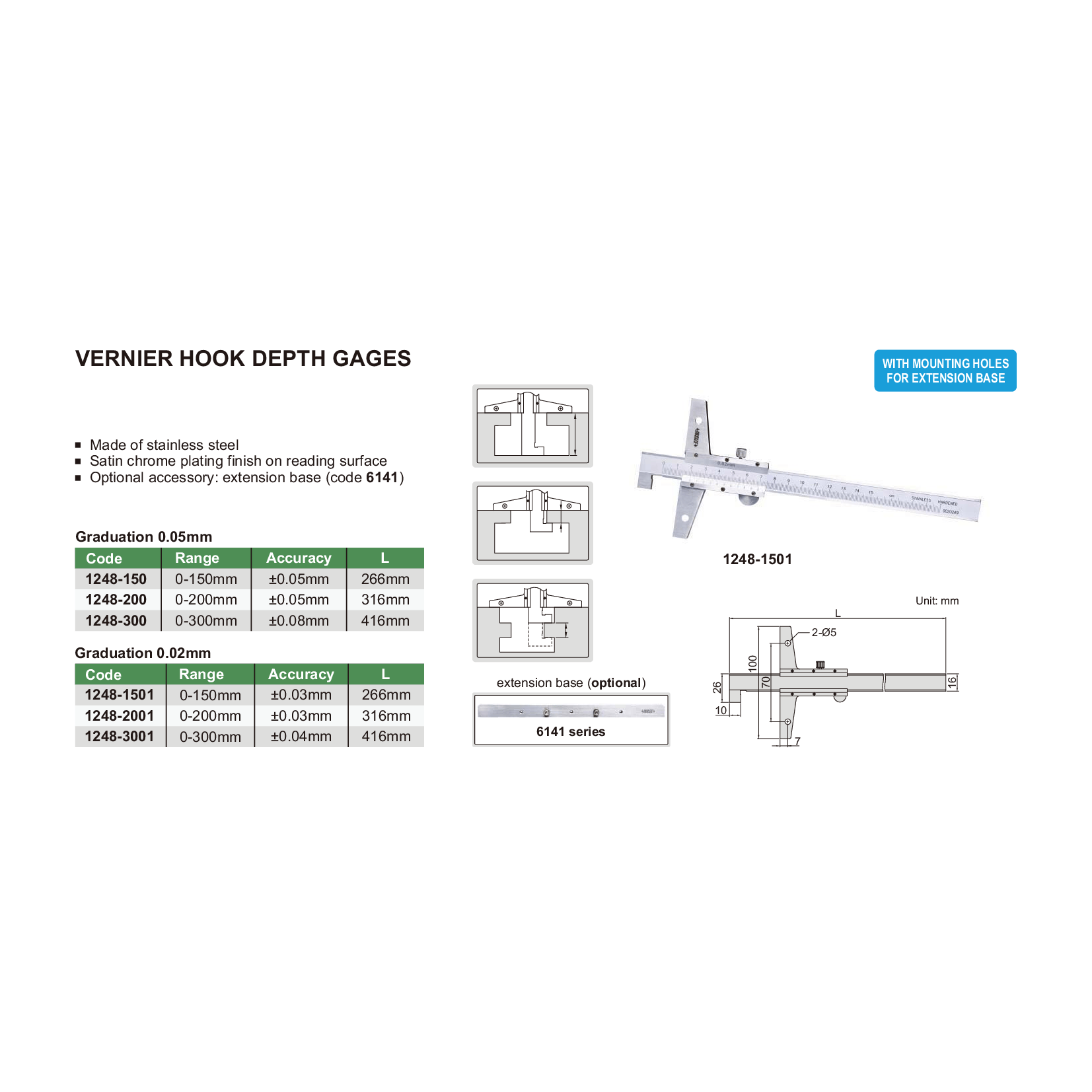 Insize Vernier Hook Depth Gage 0–150 mm Series 1248-1501