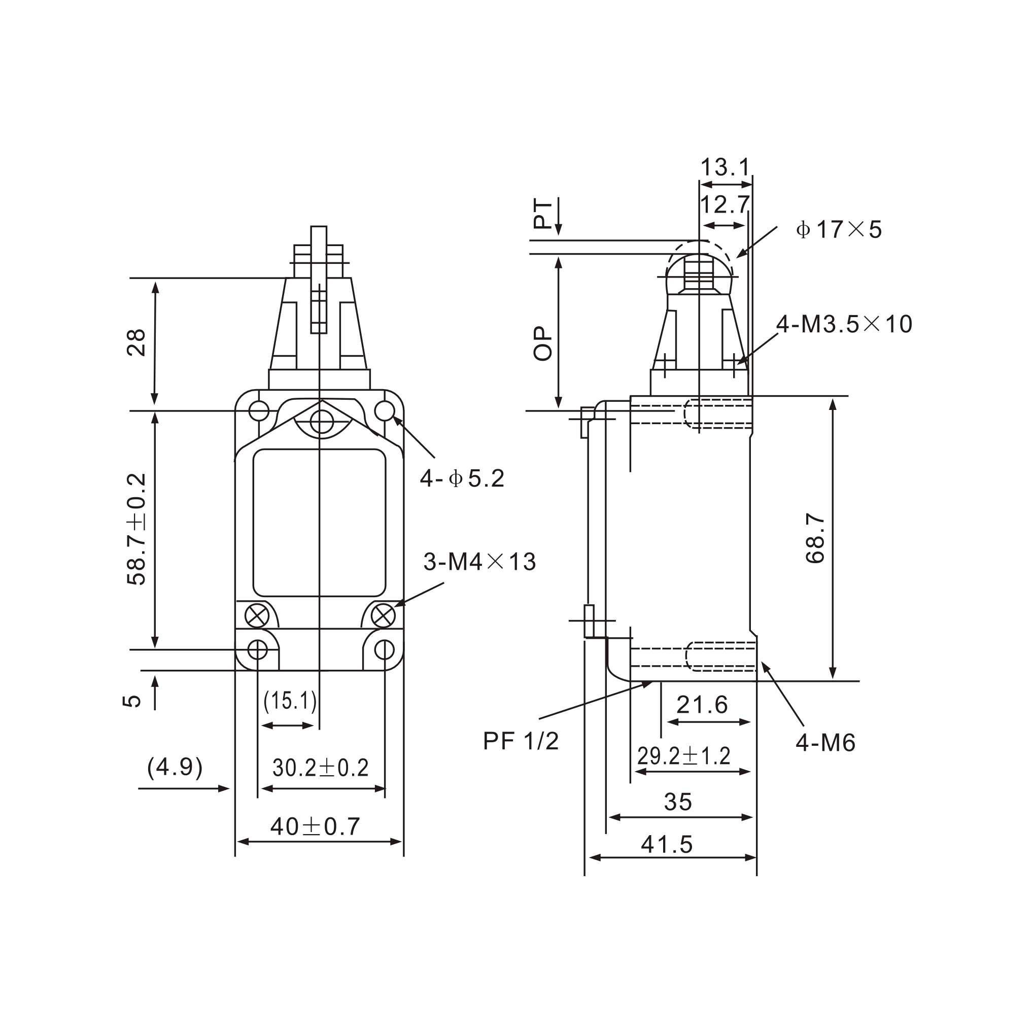 WLD1 Top-Roller Stainless Plunger Limit Switch Diagram