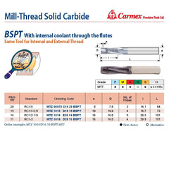 Carmex Mill Thread Solid Carbide 28 BSPT w/ internal coolant through flutes 14.1mm