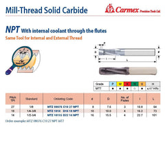Carmex Mill Thread Solid Carbide 27 NPT w/ internal coolant through flutes 10.8mm