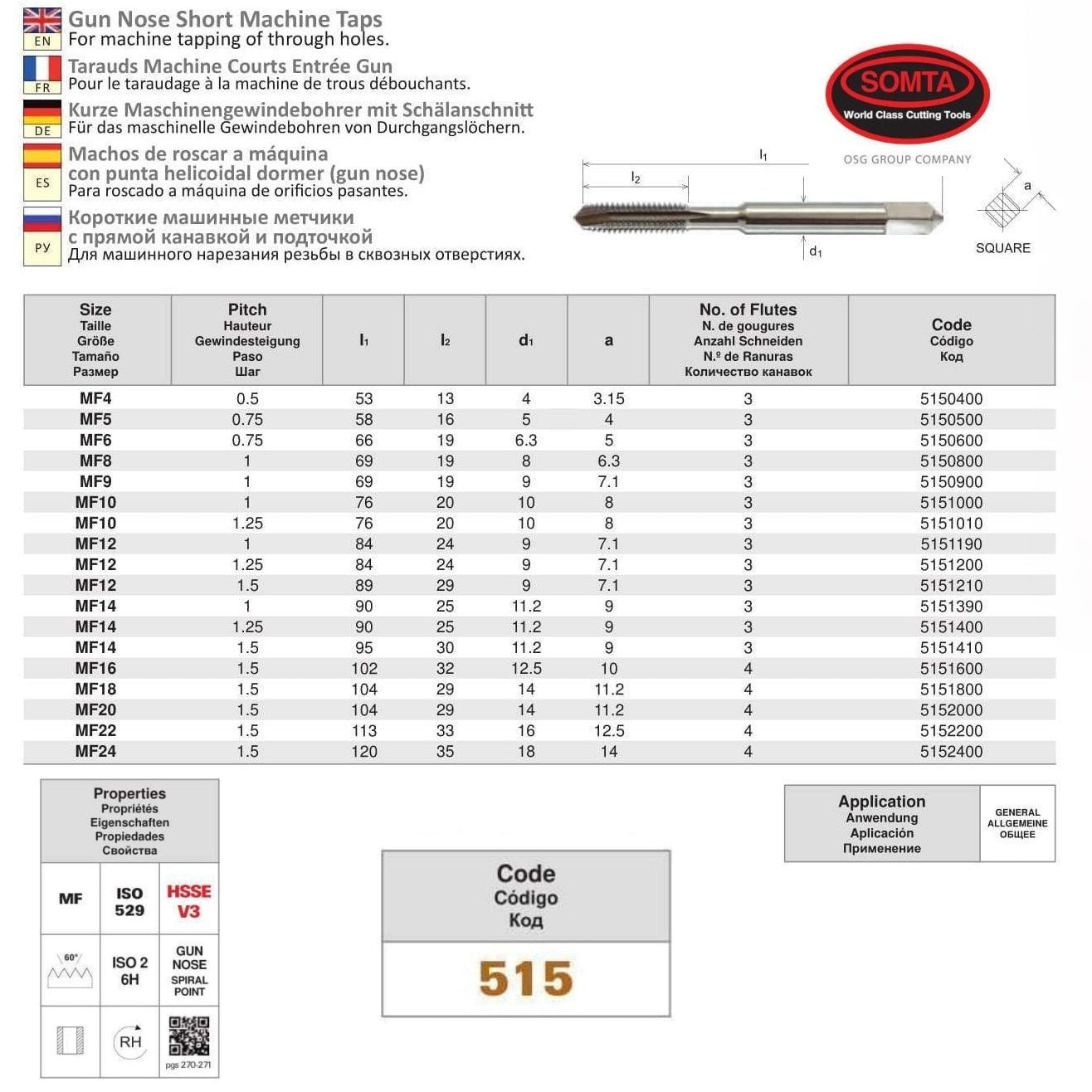 Somta Series 515 - HSSE-V Gun Nose Tap Metric M20 x 1.5 (Fine, Standard)
