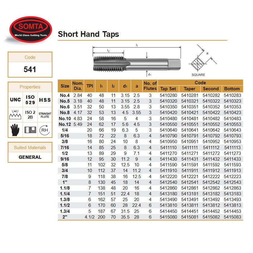 SOMTA - Series 541 HSS UNC Thread Tap 9/16" Taper - Short Hand Tap
