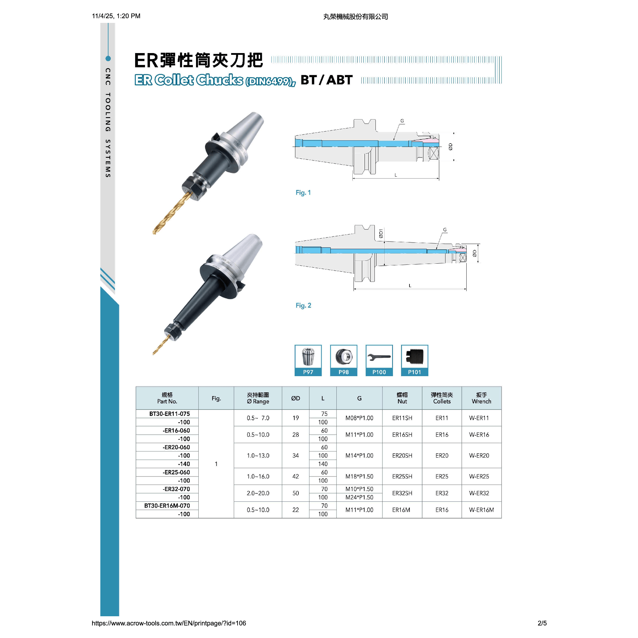 ACROW MACHINERY MFG CO LTD Collet chuck Acrow BT40 ER20 Collet Chuck Holder – 150 mm