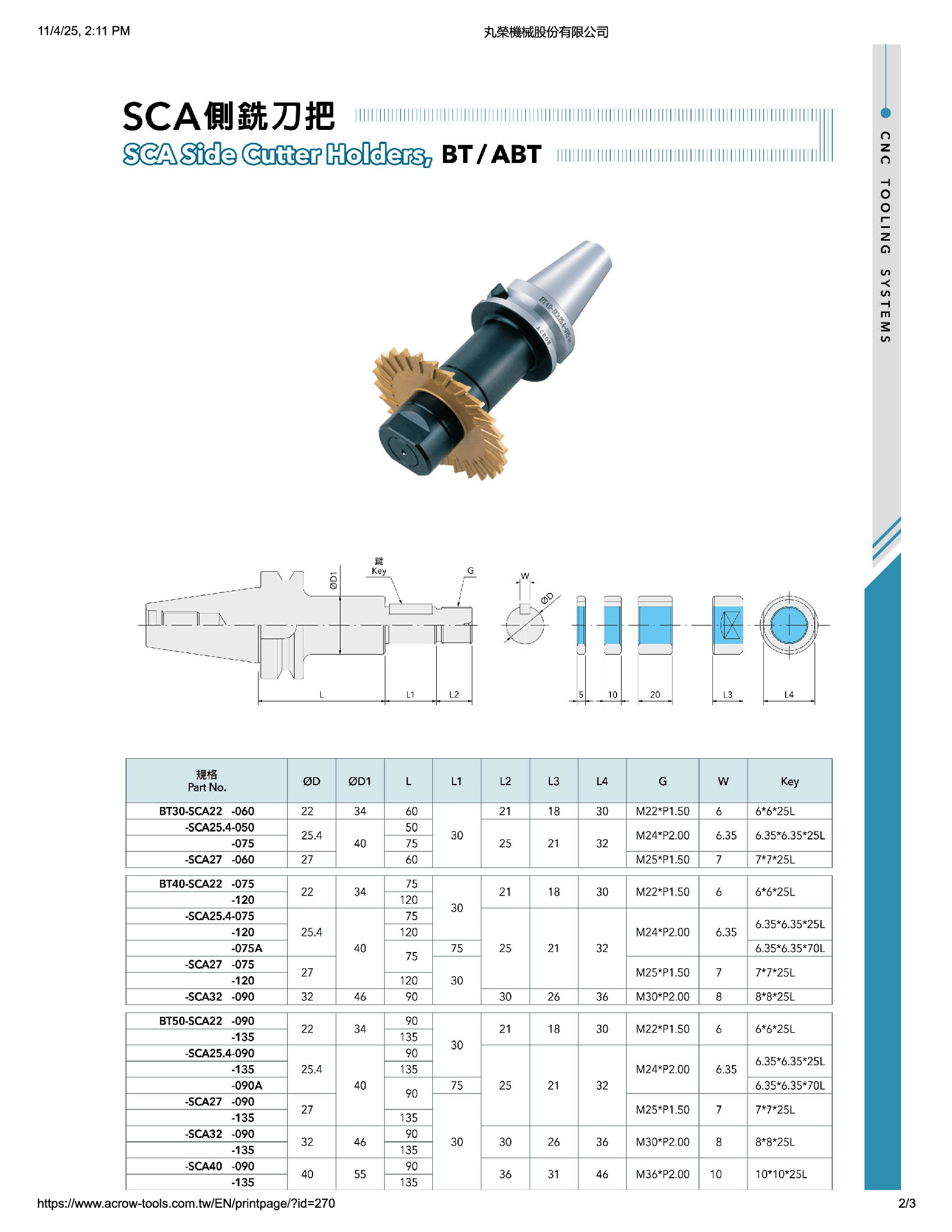 ACROW MACHINERY MFG CO LTD TOOL HOLDERS Acrow BT40-SCA25.4-120 – SCA Side Cutter Holder (Ø25.4 mm Bore, 120 mm Length)