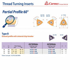 Carmex External Right Hand Partial Profile 60° Type B Thread Turning Insert 16mm / 48–8 TPI / 16 ER B AG60 BMA