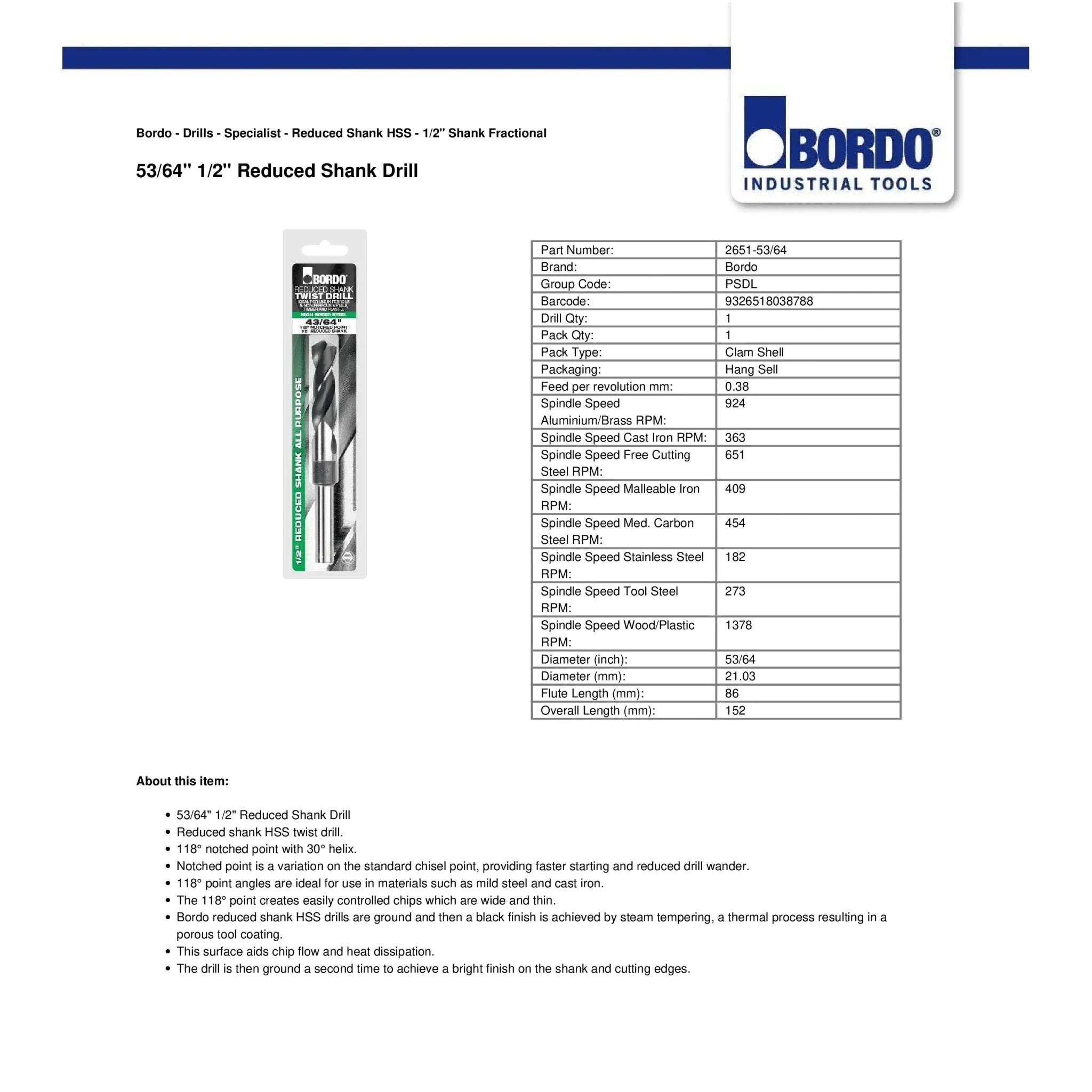 Bordo 53/64" HSS Reduced Shank Drill - Twin Eagle Imports