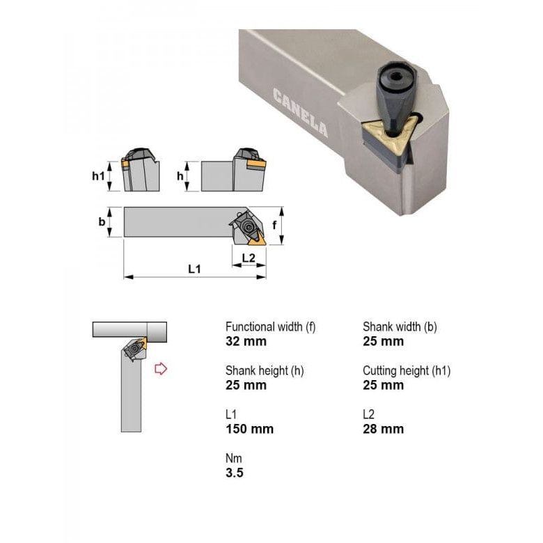 CANELA S.A. TOOL HOLDERS Canela DTGNL2525M16-N External Turning Toolholder – 25×25 mm