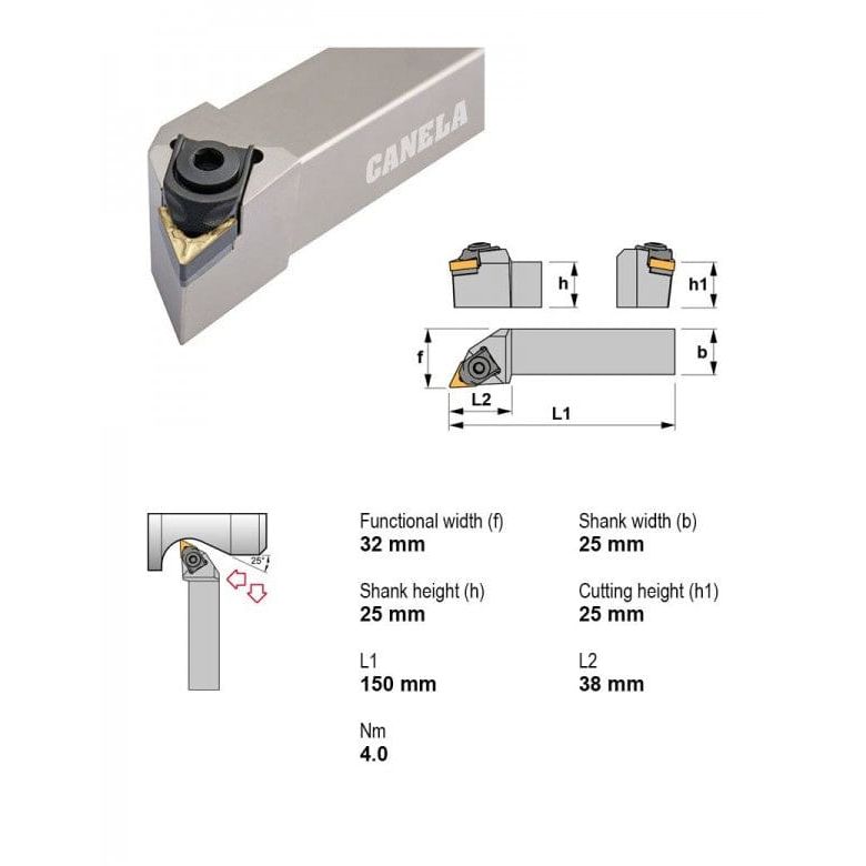 CANELA S.A. TOOL HOLDERS Canela MTJNR2525M22 Turning & Profiling Toolholder – 25×25 mm